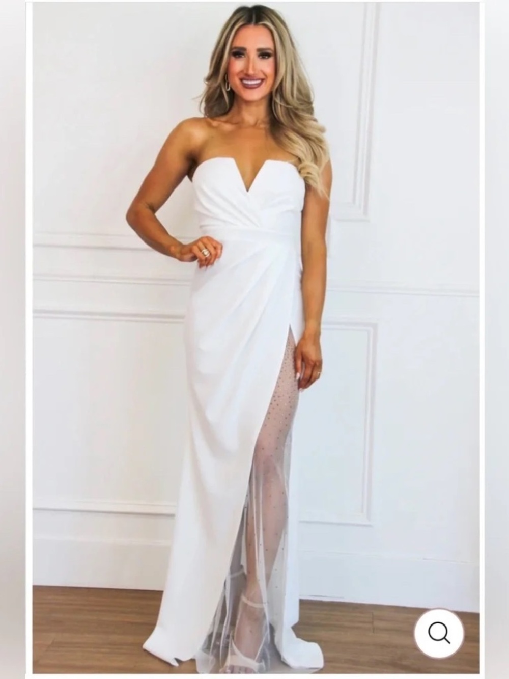 Bella & Bloom Boutique Lala Strapless Embellished Slit Maxi Dress – White | M